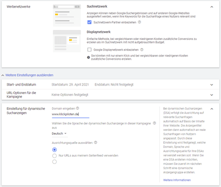 Dynamic Search Ads Kampagnenerstellung Kampagneneinstellung für eine DSA Kampagne