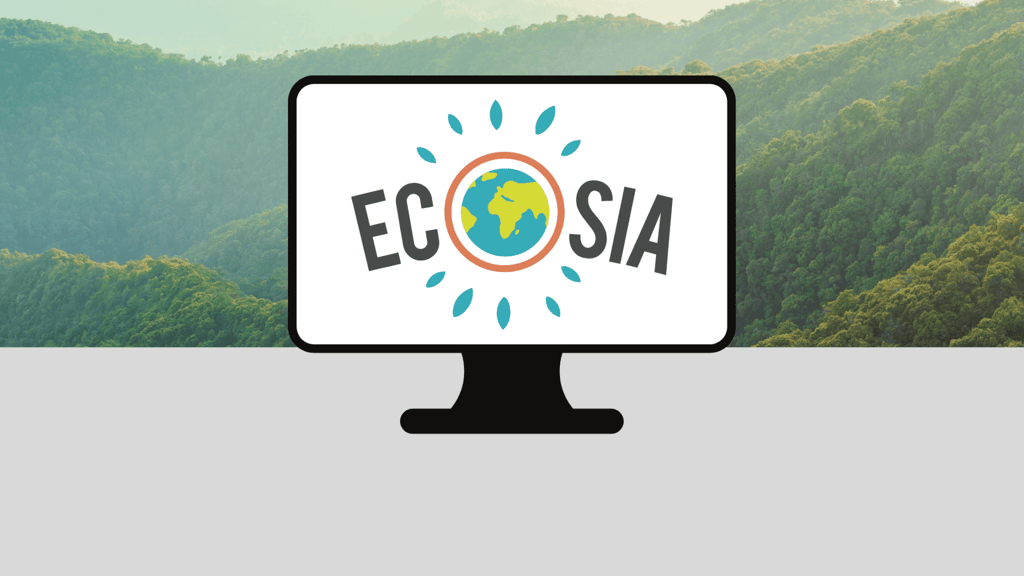 Ecosia-Anzeigen Ecosia Logo auf einem Bildschirm, Wald im Hintergrund