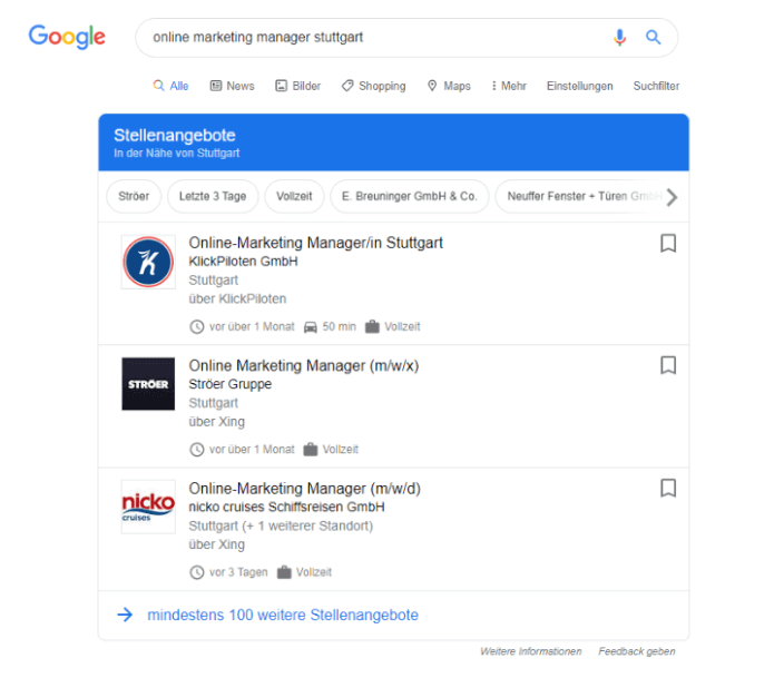 Google for Jobs Ergebnisseite