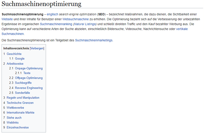 Sprungmarken bei einem Wikipedia Eintrag zur Suchmaschinenoptimierung