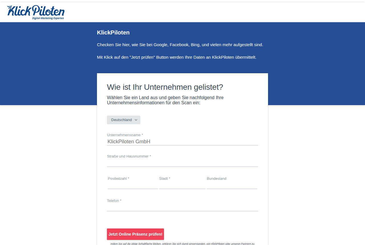 Eingabemaske des Local-SEO-Checks mit Feldern für Unternehmensname, Adresse und Telefonnummer