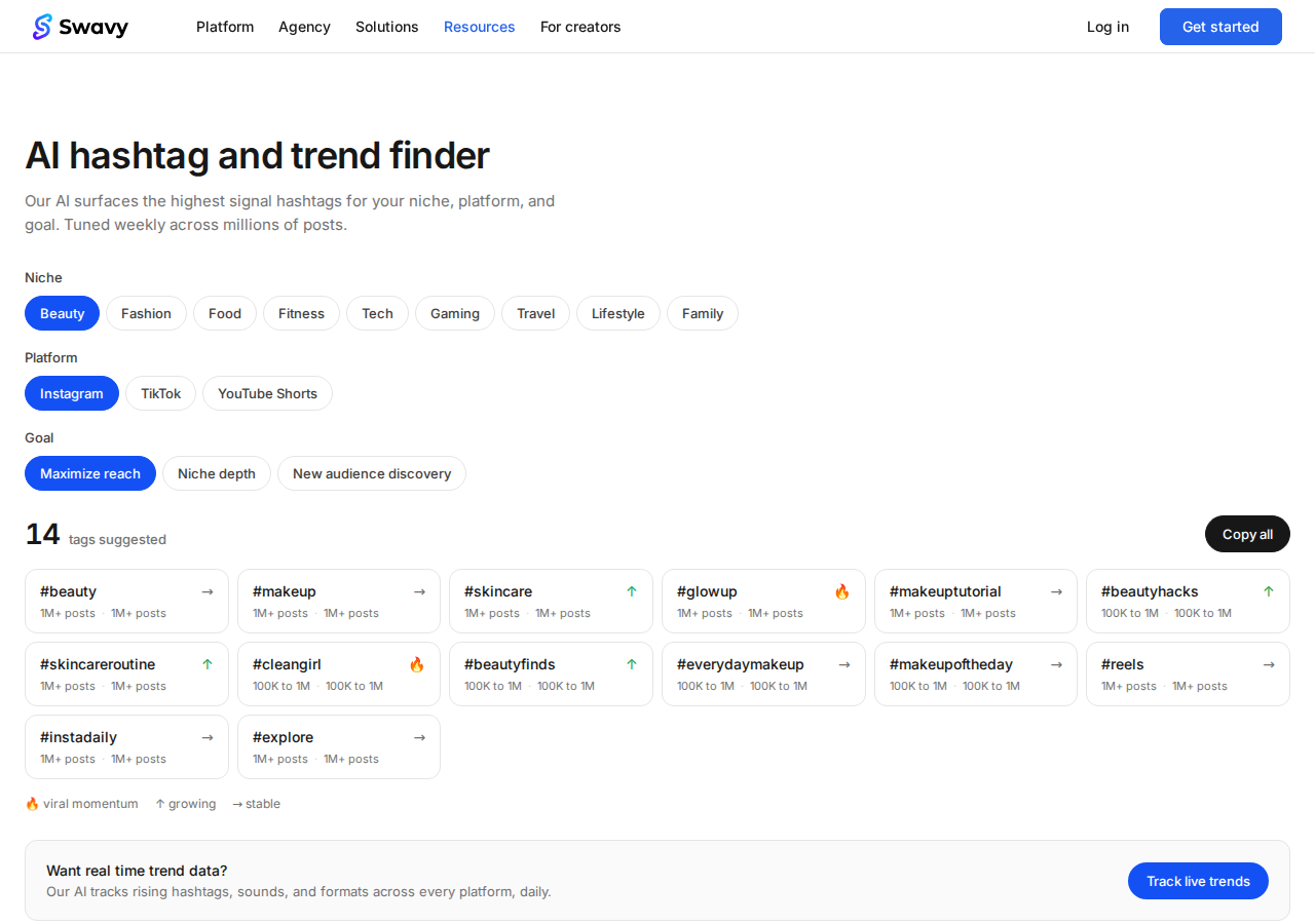 Oberfläche des Swavy Hashtag Analyzer mit Hashtag-Vorschlägen für Instagram