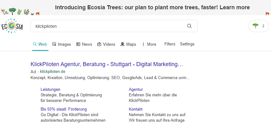 Ecosia Anzeige Beispiel KlickPiloten