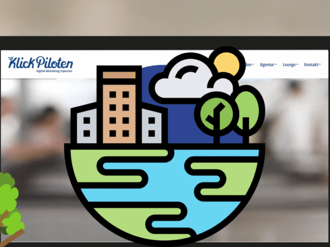CO2-Fußabdruck einer Website Illustration: Website auf einem Bildschirm mit Stadt, Bäumen und Wasser