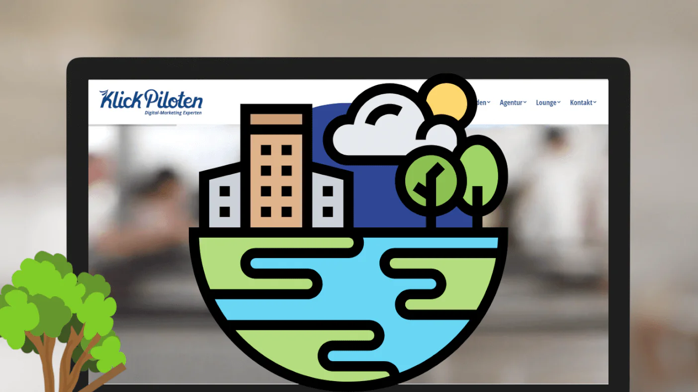 CO2-Fußabdruck einer Website Illustration: Website auf einem Bildschirm mit Stadt, Bäumen und Wasser